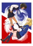  andou_(girls_und_panzer) artist_name bc_freedom_school_uniform black_footwear black_hair black_skirt black_vest blonde_hair blue_eyes blue_legwear blue_sweater brown_eyes cardigan closed_mouth commentary_request cover cover_page crossed_arms crossed_legs dark_skin diagonal_stripes doujin_cover eyebrows_visible_through_hair floating french from_side girls_und_panzer hands_on_hips highres leaning_forward light_smile loafers long_sleeves looking_at_another medium_hair miniskirt multicolored_neckwear multiple_girls necktie oshida_(girls_und_panzer) pleated_skirt shoes signature skirt socks solokov_(okb-999) striped striped_neckwear sweater sweater_around_neck vest 