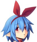  bangs blue_hair blush boa_(brianoa) bow choker commentary disgaea eyebrows_visible_through_hair eyes_visible_through_hair face hair_between_eyes hair_bow hairband highres looking_at_viewer parted_lips pleinair pointy_ears portrait red_bow red_choker red_eyes see-through short_hair solo transparent_background 
