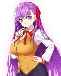  &gt;:) bb_(fate)_(all) bb_(fate/extra_ccc) blush breasts commentary_request eyebrows_visible_through_hair fate/extra fate/extra_ccc fate_(series) hair_ribbon hand_on_hip homurahara_academy_uniform large_breasts long_hair long_sleeves looking_at_viewer onsoku_maru purple_eyes purple_hair ribbon school_uniform shirt simple_background skirt smile solo v-shaped_eyebrows very_long_hair vest white_shirt 