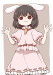  animal_ears black_hair brown_background bunny_ears carrot_necklace closed_mouth commentary dress eyebrows_visible_through_hair frills inaba_tewi looking_at_viewer open_hands pink_dress poronegi red_eyes short_hair smile solo touhou 