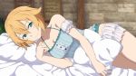  arm_strap bed_sheet blonde_hair blue_shirt breasts cleavage from_side game_cg green_eyes hair_between_eyes indoors layered_skirt looking_at_viewer lying medium_breasts miniskirt official_art on_side philia_(sao) pillow shirt short_hair skirt sleeveless sleeveless_shirt smile solo sword_art_online white_skirt 