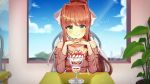  1girl blush bow brown_hair chair closed_mouth doki_doki_literature_club eyebrows green_eyes hair_bow long_hair monika_(doki_doki_literature_club) onyang parfait ponytail ribbon sitting sky smile solo sweater table tied_hair 