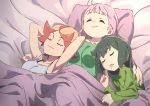  ^_^ amanda_o'neill armpits arms_up black_hair closed_eyes constanze_amalie_von_braunschbank-albrechtsberger drooling girl_sandwich highres jasminka_antonenko little_witch_academia multiple_girls orange_hair pajamas pink_hair sandwiched sleeping tama_(tama-s) tank_top under_covers 