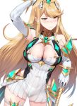  3: arm_up ass_visible_through_thighs bangs blonde_hair blush breasts cleavage cleavage_cutout closed_mouth commentary covered_navel cowboy_shot dress elbow_gloves gloves green_panties hairband hews_hack highres hikari_(xenoblade_2) jewelry large_breasts long_hair looking_at_viewer panties see-through short_dress sidelocks simple_background single_earring solo swept_bangs thigh_strap underwear very_long_hair white_background white_dress white_gloves xenoblade_(series) xenoblade_2 yellow_eyes 