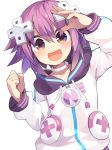  amakoke d-pad d-pad_hair_ornament hair_ornament highres hood hoodie jacket looking_at_viewer neptune_(choujigen_game_neptune) neptune_(series) open_mouth purple_eyes purple_hair smile solo track_jacket 