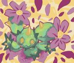  commission flower from_above full_body gen_5_pokemon glitchedpuppet green_skin looking_at_viewer maractus no_humans open_hands orange_background petals pokemon pokemon_(creature) signature solo spikes yellow_background yellow_eyes 