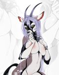  2017 5_fingers anthro big_breasts black_fur black_nose blue_hair breasts female fur hair hale. horn looking_at_viewer mammal navel solo tagme white_fur yellow_sclera 