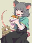  ananna animal_ears bag black_eyes black_skirt blush_stickers bread_bun brown_eyes capelet cheese commentary_request ebichu_(character) food food_wrapper grey_hair hamburger hamster highres holding holding_food lettuce medium_hair mouse_ears mouse_tail nazrin open_mouth oruchubuan_ebichu short_sleeves skirt tail tail_raised tan_background tomato touhou wrapper 