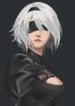  black_blindfold black_dress black_hairband blindfold blue_eyes cleavage_cutout covered_eyes dress facing_viewer hairband highres juliet_sleeves jun_project leotard long_sleeves mole mole_under_mouth nier_(series) nier_automata puffy_sleeves silver_hair solo upper_body yorha_no._2_type_b 