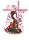  argyle black_dress black_eyes black_hair black_legwear bow brown_dress brown_footwear brown_hat dress elbow_gloves flower frown full_body gift gloves hair_flower hair_ornament hat hat_bow highres looking_at_viewer makaria official_art princess_principal princess_principal_game_of_mission red_bow short_hair solo thick_eyebrows toudou_chise transparent_background 