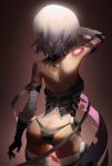  arm_belt arm_up ass bandaged_arm bandages black_legwear black_panties butt_crack commentary cowboy_shot death_knell fate/apocrypha fate/grand_order fate_(series) fingerless_gloves from_behind gloves highres jack_the_ripper_(fate/apocrypha) panties short_hair shoulder_tattoo silver_hair single_glove sleeveless solo standing tattoo thighhighs underwear 