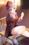  absurdres bangs blue_eyes blush bow breasts brown_hair cleavage closed_mouth collarbone collared_shirt curtains desk doki_doki_literature_club eyebrows_visible_through_hair hair_bow hand_up highres indoors jacket knee_up light_particles long_sleeves looking_at_viewer medium_breasts on_desk outstretched_leg red_bow ribbon sayori_(doki_doki_literature_club) school_desk school_uniform shirt shoes short_hair sitting skirt smile solo sseyeng_(mgda7284) sunlight uwabaki white_legwear white_shirt window wing_collar wooden_floor 