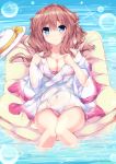  bikini bow breasts brown_hair cleavage commentary_request covered_navel fuuna hat hat_bow hat_removed headwear_removed highres japanese_clothes kimono knees_together_feet_apart long_hair long_sleeves lying medium_breasts moe2018 on_back original pink_bikini see-through short_kimono side-tie_bikini sleeves_past_wrists solo sparkle swimsuit water wet wet_clothes wet_kimono white_hat white_kimono wide_sleeves yellow_bow 