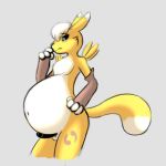  4_toes anthro arm_warmers armwear balls belly belly_inflation big_belly black_sclera blue_eyes canine clothing digimon fur hair hyper hyper_belly inflation male mammal navel pancak3 penis renamon simple_background standing toes weight_gain white_background white_fur white_hair yellow_fur 