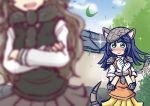  :&gt; animal_ears armadillo_ears armadillo_tail armor blue_hair blurry_foreground blush brown_hair commentary_request deerstalker elbow_pads giant_armadillo_(kemono_friends) gloves hands_on_own_chest hat highres kemono_friends long_hair moose_(kemono_friends) moose_ears multiple_girls pleated_skirt scarf sekiguchi_miiru short_sleeves skirt sparkle sweater sweater_vest vest 