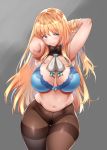  atago_(kantai_collection) bangs belly blonde_hair blue_bra blush bra breasts cleavage crotch_seam detached_collar eyebrows_visible_through_hair fur_collar green_eyes highres hips kantai_collection large_breasts long_hair looking_at_viewer muffin_top mushi024 navel pantyhose plump pubic_hair smile solo thighband_pantyhose thighs underwear white_neckwear wide_hips 