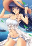  absurdres bikini black_hair blue_eyes bracelet breasts cleavage cowboy_shot day dress hat highres horizon jewelry large_breasts long_hair looking_at_viewer moe2018 ocean open_mouth original outdoors sawwei005 solo straw_hat swimsuit swimsuit_under_clothes white_bikini white_dress 