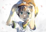  artist_name brown_hair dated digimon digimon_frontier green_eyes hat himi_tomoki male_focus open_mouth petals reach_(rrrui) solo teeth upper_body white_background 