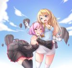  2girls bare_shoulders black_dress black_legwear blonde_hair blue_eyes blush donedone hug lucid_(maplestory) maplestory mercedes_(maplestory) multiple_girls pink_hair pointy_ears red_eyes sleeveless_dress white_legwear white_skirt 