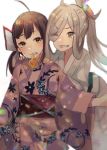  ahoge asashimo_(kantai_collection) bent_over bow brown_hair eyebrows_visible_through_hair eyes_visible_through_hair fujinami_(kantai_collection) fur_trim green_eyes hair_bow japanese_clothes kantai_collection kimono long_sleeves looking_at_viewer mouth_hold multiple_girls obi one_eye_closed pink_kimono protected_link rinto_(rint_rnt) sash silver_hair simple_background smile standing white_background white_kimono yellow_eyes 