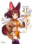  animal_ears bad_id bad_pixiv_id bangs bow breasts brown_dress brown_eyes brown_hair closed_mouth cowboy_shot crescent dated dog_ears dog_girl dog_tail dress eyebrows_visible_through_hair hand_on_hip hand_up long_sleeves looking_at_viewer medium_breasts november open_clothes open_dress orange_dress original pleated_dress purple_legwear ribbon short_hair simple_background solo star tail thick_eyebrows thighhighs twitter_username white_background white_bow white_ribbon yai_(hachihito) 