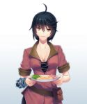  ahoge artist_request black_hair breasts cleavage food long_hair looking_at_viewer medium_breasts omurice plate pouch smile solo tales_of_(series) tales_of_berseria velvet_crowe yellow_eyes younger 
