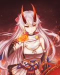 bow bow_(weapon) breasts detached_sleeves fate/grand_order fate_(series) fire floating_hair gauntlets gloves hair_between_eyes hair_bow highres holding holding_bow_(weapon) holding_weapon horns large_breasts long_hair red_bow red_eyes sideboob silver_hair skyde_kei solo standing tomoe_gozen_(fate/grand_order) very_long_hair weapon 
