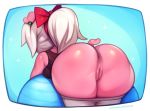  2018 anthro anus butt clothed clothing cyancapsule digital_media_(artwork) ear_piercing emelie exercise_ball female hair hair_ribbon hi_res mammal piercing pig porcine purple_eyes pussy rear_view ribbons solo white_hair 