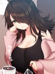  black_tank_top borrowed_character breasts brown_hair cleavage coffee green_eyes hair_over_one_eye huge_breasts jacket long_hair mofuaki mole mole_under_eye open_clothes open_jacket original shiny shiny_hair sleepy sleeves_past_wrists small_hands solo steam tank_top 