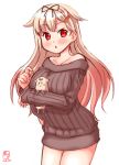  artist_logo blonde_hair brown_sweater commentary_request cowboy_shot dated hair_flaps hair_ornament hair_ribbon hairclip highres kanon_(kurogane_knights) kantai_collection long_hair looking_at_viewer open_mouth red_eyes remodel_(kantai_collection) ribbon simple_background sweater the_yuudachi-like_creature white_background yuudachi_(kantai_collection) 
