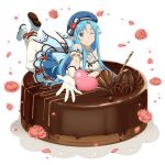  ;) asuna_(sao) asuna_(sao-alo) blue_eyes blue_hair blue_hat blue_ribbon breasts cake choker cleavage dress flower food full_body gloves hat hat_flower hat_ribbon legs_up long_hair lying medium_breasts official_art on_stomach one_eye_closed outstretched_arm pantyhose petals pointy_ears red_flower ribbon short_dress simple_background smile solo sword_art_online sword_art_online:_code_register very_long_hair white_background white_gloves white_legwear 