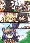  3girls afterimage animal_ears antlers armadillo_ears armadillo_tail armor blonde_hair blue_hair blush brown_hair chibi chibi_inset closed_eyes closed_mouth comic deerstalker elbow_pads giant_armadillo_(kemono_friends) hat highres kemono_friends lion_(kemono_friends) lion_ears long_hair moose_(kemono_friends) moose_ears multiple_girls necktie open_mouth pleated_skirt scarf sekiguchi_miiru skirt spoken_person sweat sweater sweater_vest translation_request vest 