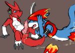  animal_genitalia anthro armor balls blue_eyes claws clothing cum digimon dragon duo erection flamedramon headphones lizardlars male male/male masturbation messy musk open_mouth orgasm penis scalie shoutmon simple_background smile 