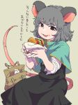 ananna animal_ears bag black_eyes black_skirt blush_stickers bread_bun brown_eyes capelet check_translation cheese ebichu_(character) food food_on_face food_wrapper grey_hair hamburger hamster highres holding holding_food lettuce licking_lips medium_hair mouse_ears mouse_tail nazrin open_mouth oruchubuan_ebichu short_sleeves skirt tail tail_raised tan_background tomato tongue tongue_out touhou translation_request wrapper 