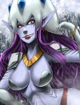  bracelet breasts calmaramon center_opening cleavage digimon digimon_frontier earrings gloves hat jewelry large_breasts lipstick long_hair makeup necklace pointy_ears purple_hair purple_skin red_eyes solo teeth upper_body 