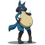  3_toes 4_fingers anthro belly big_belly black_fur blue_fur chest_spike claws fur lucario male navel nintendo pancak3 pok&eacute;mon pok&eacute;mon_(species) red_eyes simple_background smile spikes standing toe_claws toes video_games vore weight_gain white_background yellow_fur 