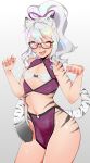  animal_humanoid bra breasts clothed clothing coffeechicken cute_fangs dipstick_ears dipstick_tail eyewear feline feline_humanoid female glasses hair hi_res humanoid mammal midriff multicolored_tail navel one_eye_closed open_mouth purple_eyes small_breasts solo stripes underwear white_hair wink 