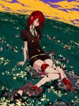  amputee androgynous broken crack gem gem_uniform_(houseki_no_kuni) grass hair_over_one_eye houseki_no_kuni mercury missing_limb necktie outdoors raito47 red_eyes red_hair severed_leg severed_limb shards shinsha_(houseki_no_kuni) short_hair shorts sitting solo wide-eyed 