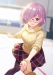  alternate_costume black-framed_eyewear black_legwear blurry blurry_background breasts depth_of_field fate/grand_order fate_(series) glasses hair_over_one_eye haru_(hiyori-kohal) holding_hands ice_skating indoors leaning_back long_sleeves looking_at_viewer mash_kyrielight medium_breasts medium_skirt pantyhose pink_hair pov purple_eyes purple_skirt shiny shiny_hair short_hair skating skirt solo_focus standing sweater tareme turtleneck turtleneck_sweater yellow_sweater 