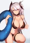  azur_lane bikini black_bikini black_ribbon breasts brown_eyes cleavage closed_mouth collarbone commentary_request eyebrows_visible_through_hair grey_background hair_ribbon halter_top halterneck holding holding_innertube huge_breasts innertube long_hair looking_at_viewer mole mole_on_breast multicolored_hair navel prinz_eugen_(azur_lane) red_hair ribbon saisarisu side-tie_bikini side-tie_bottom silver_hair simple_background smile solo streaked_hair swimsuit transparent two-tone_hair two_side_up 