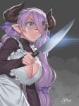  alternate_costume apron breasts cleavage cleavage_cutout closed_mouth commentary_request draph frilled_apron frills granblue_fantasy hair_ornament hair_over_one_eye hair_ribbon heart heart_hair_ornament highres holding horns knife large_breasts meme narmaya_(granblue_fantasy) obui pointy_ears purple_eyes purple_hair ribbon shaded_face signature solo tsukiji_uogashi_sandaime turtleneck wide-eyed 