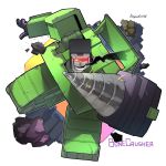  80s artist_name bonecrusher character_name constructicon decepticon drill drill_hand full_body looking_at_viewer no_humans oldschool open_mouth red_eyes sergeantctrln simple_background smoke solo transformers white_background 