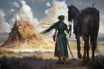  animal boots fire_emblem fire_emblem:_rekka_no_ken full_body green_hair high_ponytail horse illustman_(u_ip8s) long_hair lyndis_(fire_emblem) mountain pelvic_curtain ponytail side_slit solo 