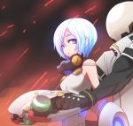  1girl bangs bare_shoulders blue_eyes blue_hair blurry blurry_foreground bodysuit breasts commentary_request depth_of_field eyeshadow hair_between_eyes helmet highres looking_at_viewer makeup no_nose overturn short_hair small_breasts sumiyao_(amam) 