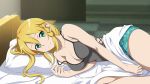  bed bedroom blonde_hair blue_shorts breasts cleavage from_side game_cg green_eyes grey_shirt hair_between_eyes highres indoors large_breasts leafa long_hair lying off_shoulder official_art on_side pillow shirt short_shorts shorts side_braids sideboob sidelocks sleeveless sleeveless_shirt smile solo sword_art_online sword_art_online:_fatal_bullet 