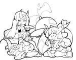  berusuke_(beru_no_su) character_request closed_eyes commentary_request copyright_request crossover cup fang fate/grand_order fate_(series) gourd greyscale ibuki_suika long_hair long_sleeves low-tied_long_hair lying monochrome multiple_girls navel on_stomach oni oni_horns open_mouth sakazuki short_hair shuten_douji_(fate/grand_order) sitting sleeveless touhou trait_connection very_long_hair 
