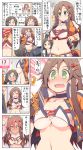  2girls blush breasts brown_eyes brown_hair bursting_breasts buttons celebi_ryousangata choker cleavage comic commentary_request cropped_jacket flying_button formal green_eyes hair_ornament hairclip himekawa_yuki idolmaster idolmaster_cinderella_girls jewelry large_breasts long_hair midriff multiple_girls navel necklace open_mouth orange_neckwear popped_button producer_(idolmaster) rookie_trainer smile suit trainer_(idolmaster) translated underboob wardrobe_malfunction 