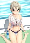  bare_legs barefoot bikini bikini_under_clothes black_bikini blonde_hair blush bottle bracelet breasts brown_eyes cleavage clothes_writing day idolmaster idolmaster_cinderella_girls jewelry knees_together_feet_apart large_breasts miyazumi navel necklace nose_blush off_shoulder outdoors pendant pool poolside see-through shadow shiny shiny_hair shiny_skin shiomi_shuuko shirt short_hair short_sleeves single_bare_shoulder sitting solo stomach sunlight swimsuit tied_shirt wakamezake wariza water water_bottle water_drop wet wet_clothes wet_shirt white_shirt 