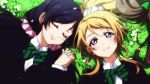  2girls animated animated_gif ayase_eli blonde_hair blue_eyes blush canon eyes_closed hand_holding happy interlocked_fingers love_live! love_live!_school_idol_project lying multiple_girls official purple_hair school_uniform smile talking toujou_nozomi uniform yuri 