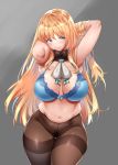  atago_(kantai_collection) bangs belly blonde_hair blue_bra blush bra breasts cleavage commentary_request crotch_seam detached_collar eyebrows_visible_through_hair fur_collar green_eyes highres hips kantai_collection large_breasts long_hair looking_at_viewer muffin_top mushi024 navel pantyhose plump pubic_hair smile solo thighband_pantyhose thighs underwear white_neckwear wide_hips 